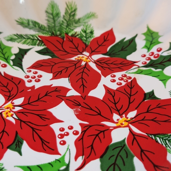 Retro White Round Plastic Red Poinsettia Christmas Cookie Tray - Picture 3 of 8